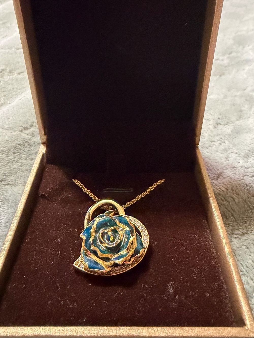 Vintage Gold-plated Heart Blue Rose Pendant heart cubic Zirconia
